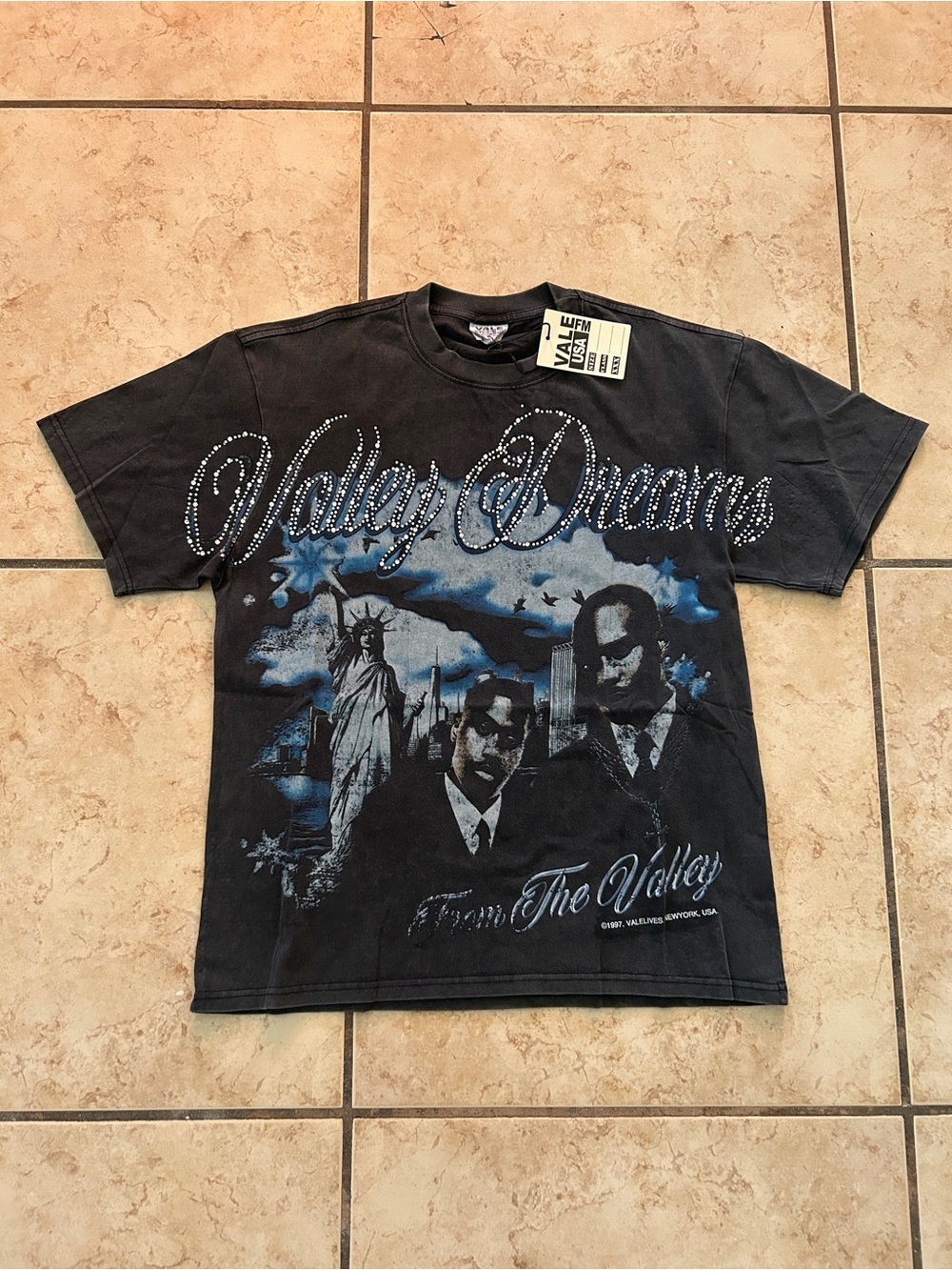 Valley Dreams Black Graphic Tee with Blue Artwork